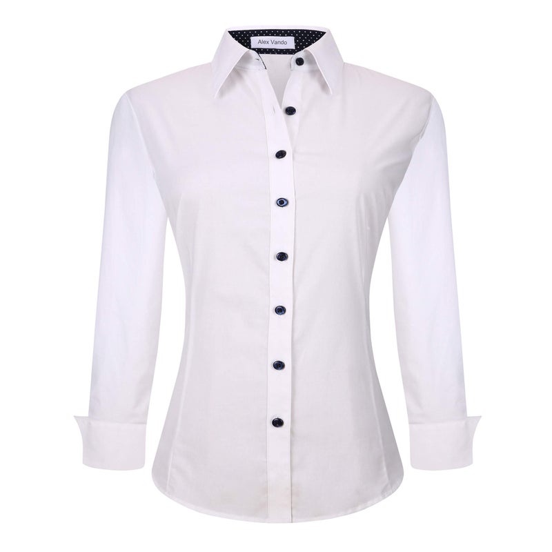 Alex Vando Womens Dress Shirts Wrinkle Free Regular Fit Long Sleeve Stretch Work Shirt,White,S - Image 1